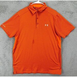 Under Armour Heat Gear Golf Polo Shirt Adult Large Orange Stripe Logo Rugby Mens